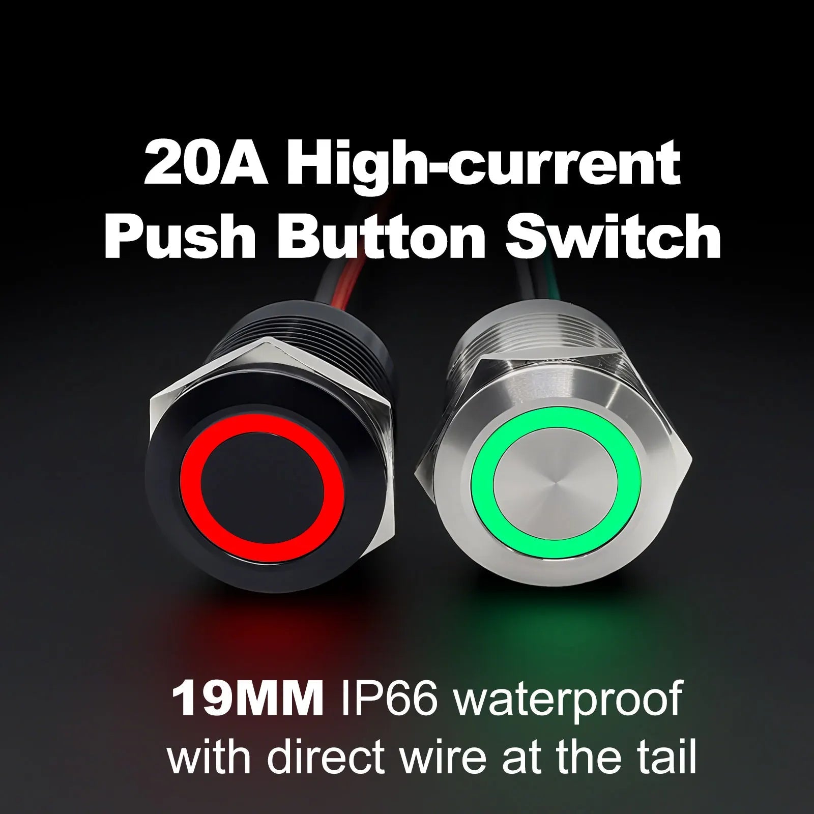 IP66 Waterproof Stainless Steel Push Button Switch 19mm 22mm 20A Momentary or Latching LED 12V 24V 110V 220V 20cm Wire 5 Colors