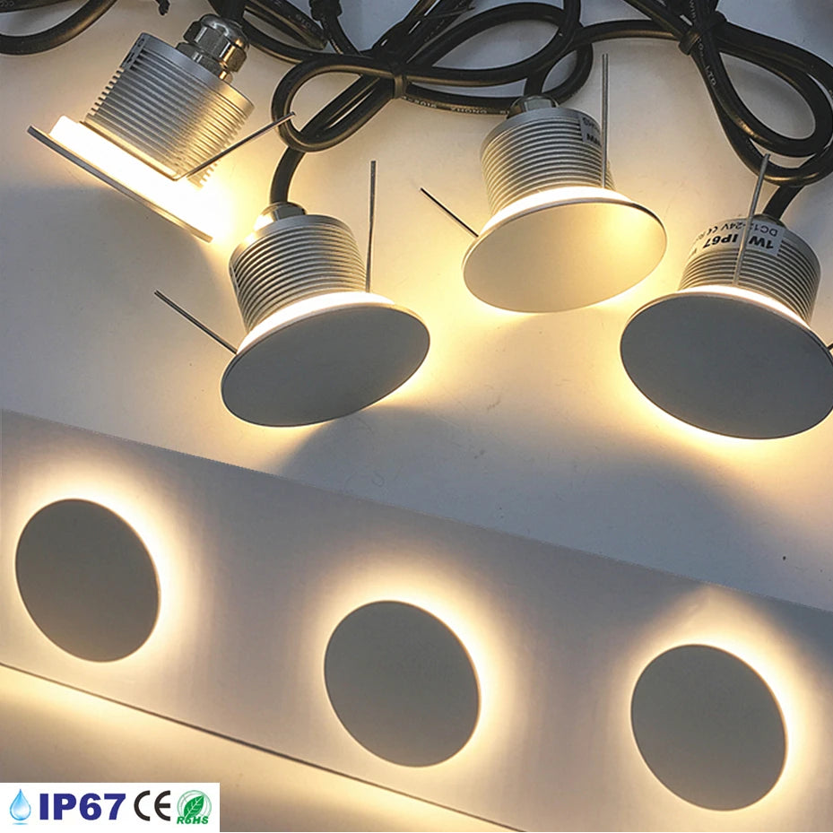 IP67 LED Recessed Stair Wall Light 1W 90lm DC 12-24V 30mm Cutout Touch Dimmable 3-Color
