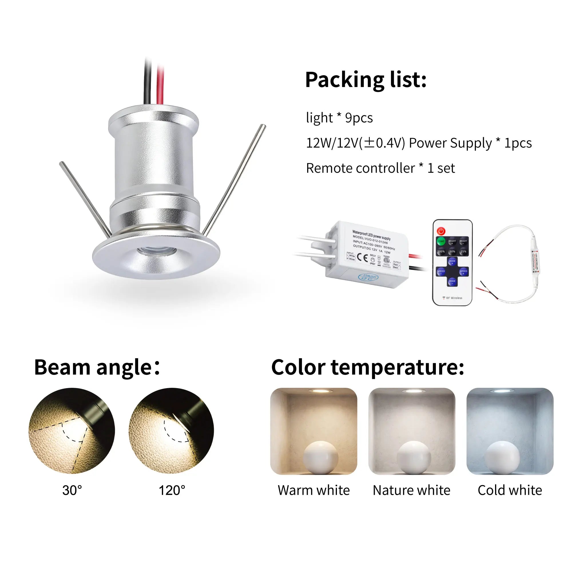 DC 12V Mini LED Spotlight Kit 1W 9-18 Pack Epistar IP65 15mm Cutout Dimmable Remote