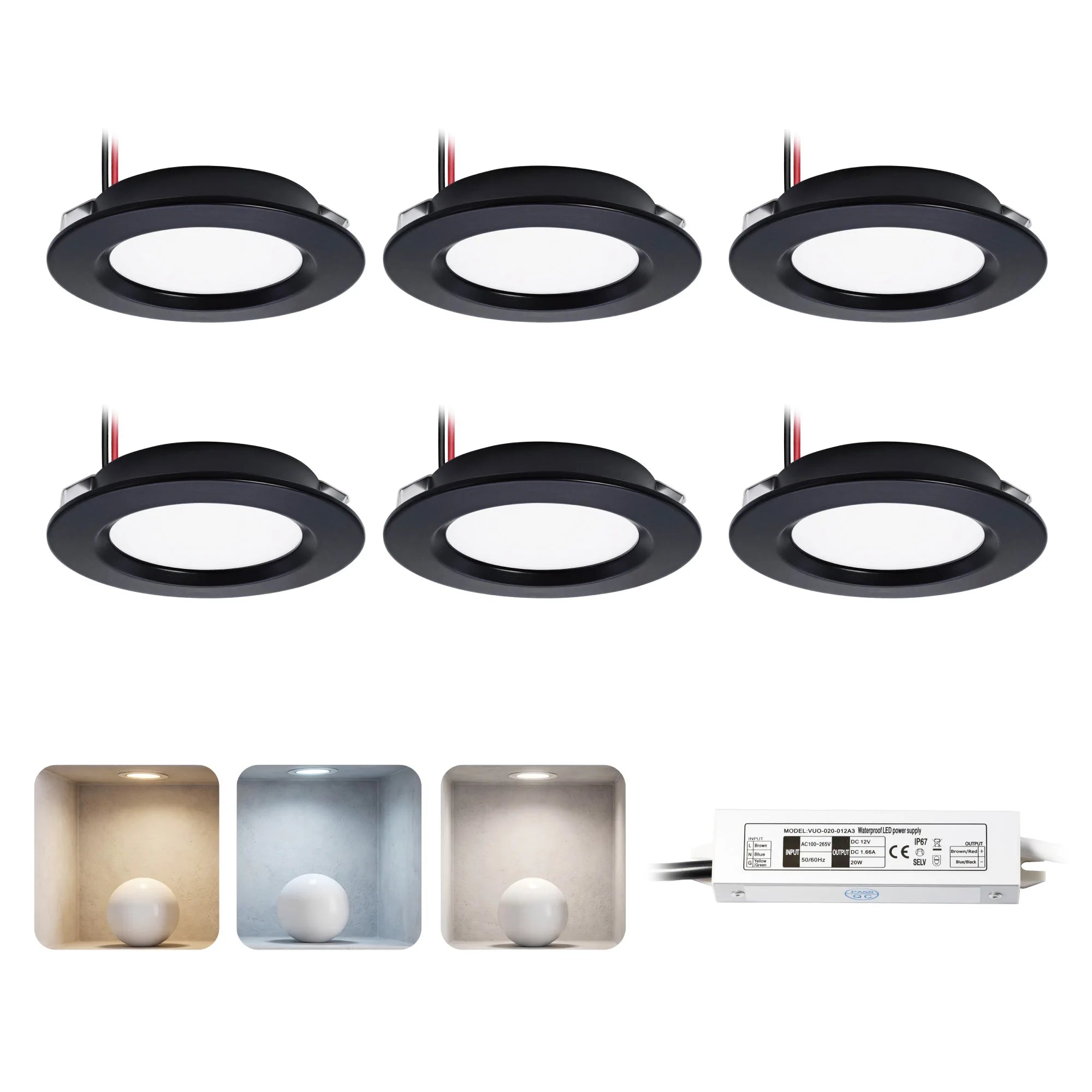 IP65 LED Recessed Cabinet Light 3W DC 12V 120 Degree 14mm Ultra Thin 50-55mm Cutout Aluminum Warm White Natural White Cool White 6 Pack with Driver