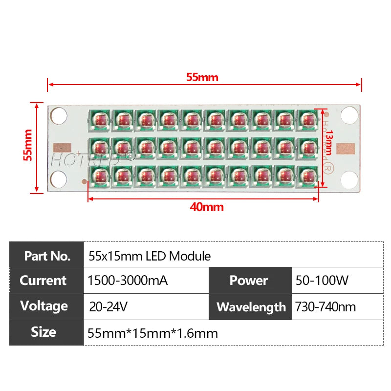 High-Power IR Deep Red LED Chip Module 50W 100W 660nm 730nm 850nm 940nm 55x15mm Grow Light