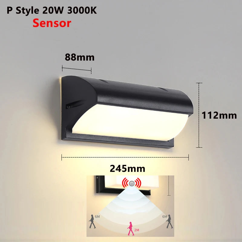 IP65 LED Outdoor Wall Light 20W Radar Motion Sensor Plastic Polycarbonate Black AC 85-265V Porch Garden Balcony 3 to 6 Meter Range