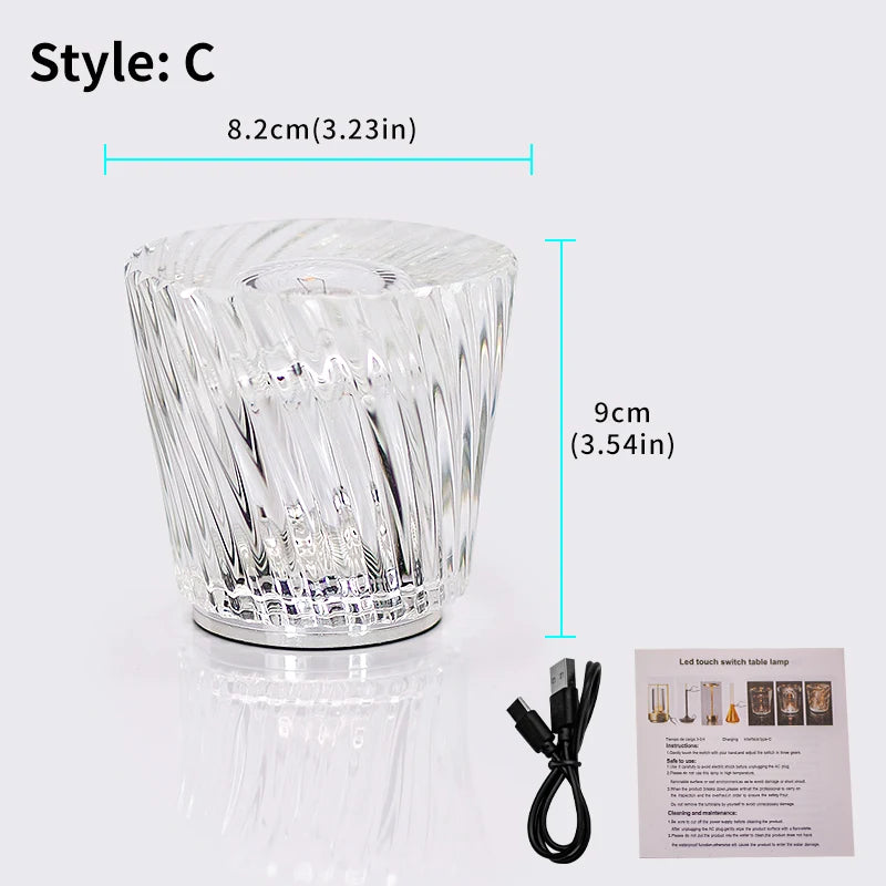 Crystal LED Rechargeable Table Lamp Touch Switch 3 Brightness Modes Type C USB 5V Warm White Bedroom Bedside Bar