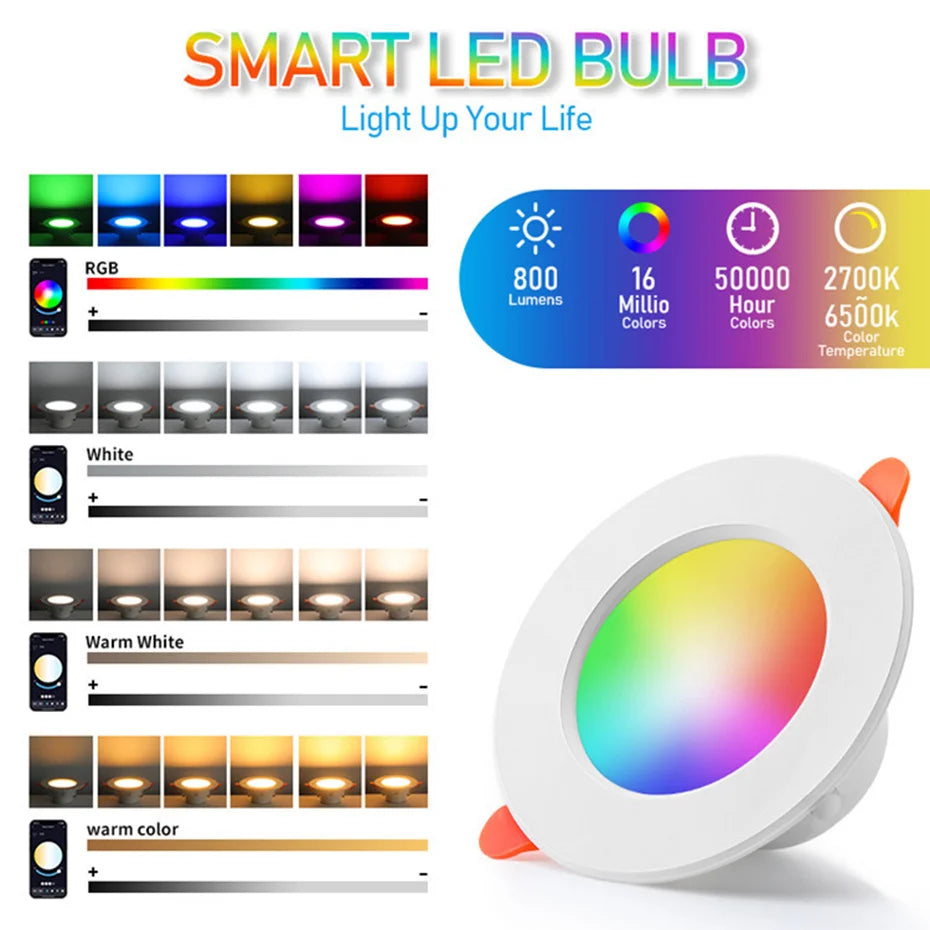 Tuya Bluetooth Smart LED Downlight 10W RGB CCT 2700K-6500K Dimmable App Control 75mm