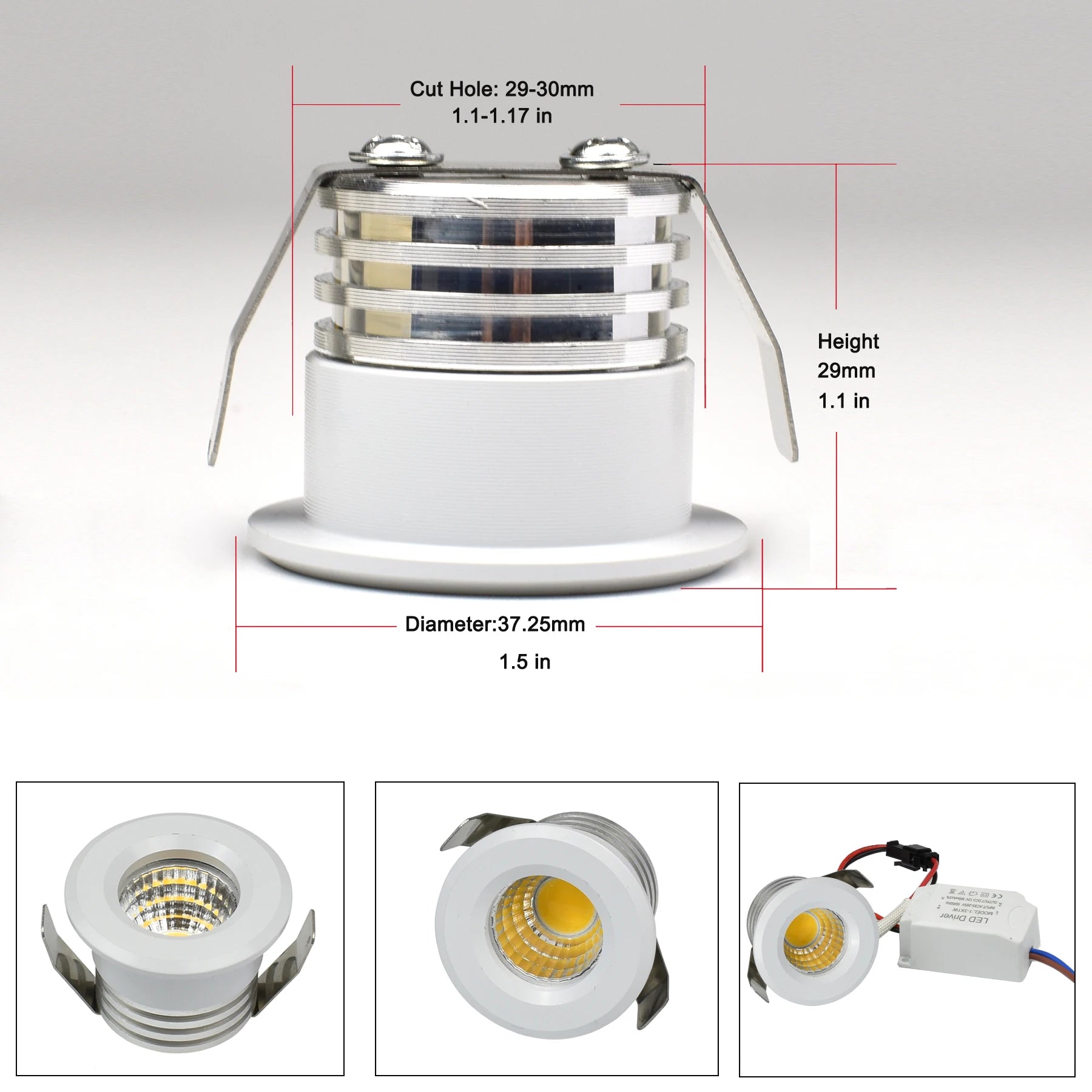 3W Mini COB LED Recessed Spotlight 270lm 30° CRI 80+ IP44 D37mm 28-30mm Cutout Dimmable