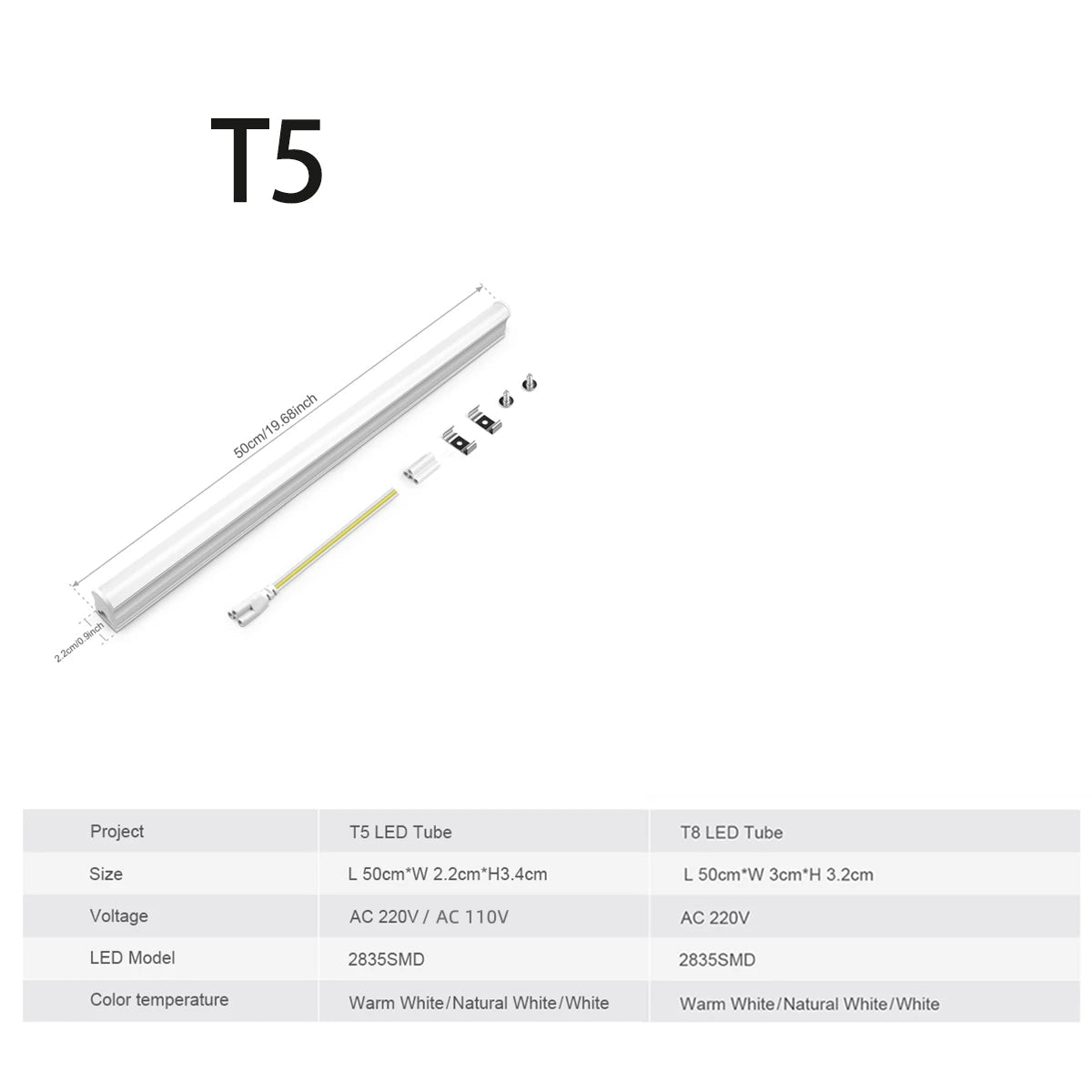 T5 LED Tube Light 15W 50cm SMD2835 CRI 80+ AC 85-265V Warm Neutral Cool White Aluminum