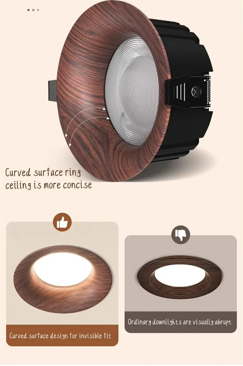 Wood Grain COB LED Recessed Downlight 7W 10W 12W 15W 18W Aluminum CRI 97 120 lm/W Touch Switch Dimmable AC 100-240V Ceiling Spot
