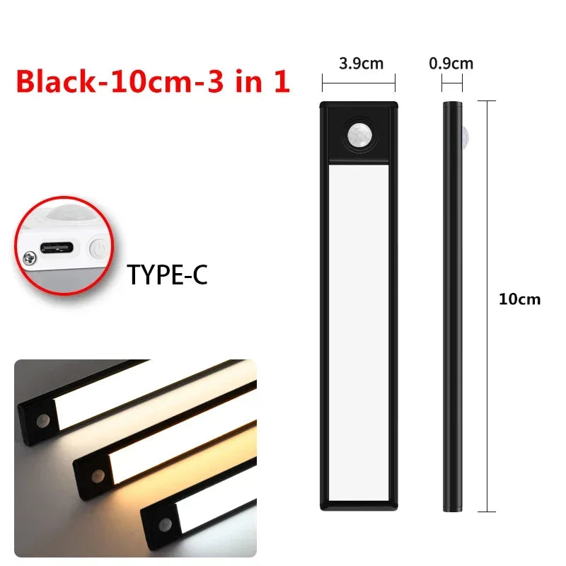 Ultra Thin Rechargeable LED Under Cabinet Light Motion Sensor 54 LED 3 Color Temperatures Stepless Dimming Magnetic Mount Type-C 20cm to 60cm