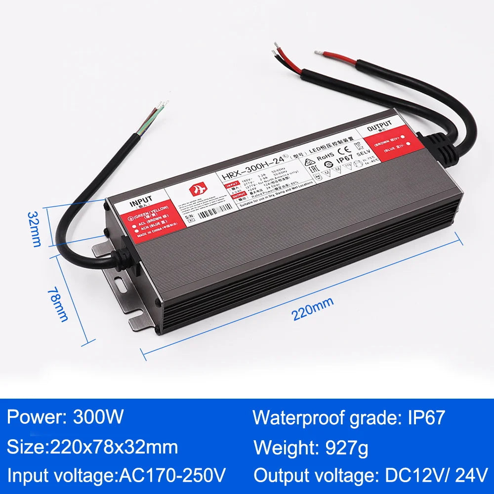 IP67 Waterproof LED Power Supply DC 12V 24V 30W-500W AC 110-250V Constant Voltage Outdoor