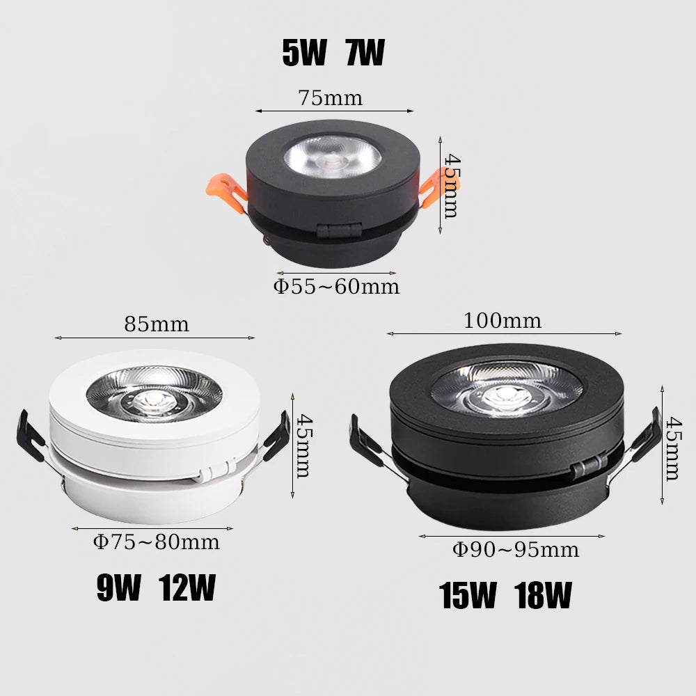 Dimmable 360-Degree Rotatable COB LED Recessed Downlight 5W 7W 9W 12W 15W 18W 24-Degree