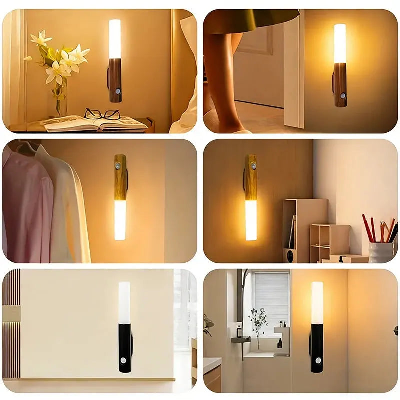 USB Rechargeable Magnetic LED Wall Lamp Motion Sensor 3 Modes 3 Color Temperatures Dimmable ABS Wood Grain Black Dark White Indoor