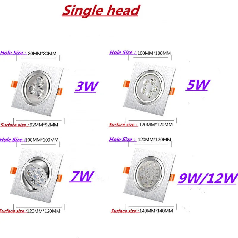 Dimmable Square LED Recessed Downlight 3W 5W 7W 9W 12W 45° No UV AC 85-265V 100,000hr