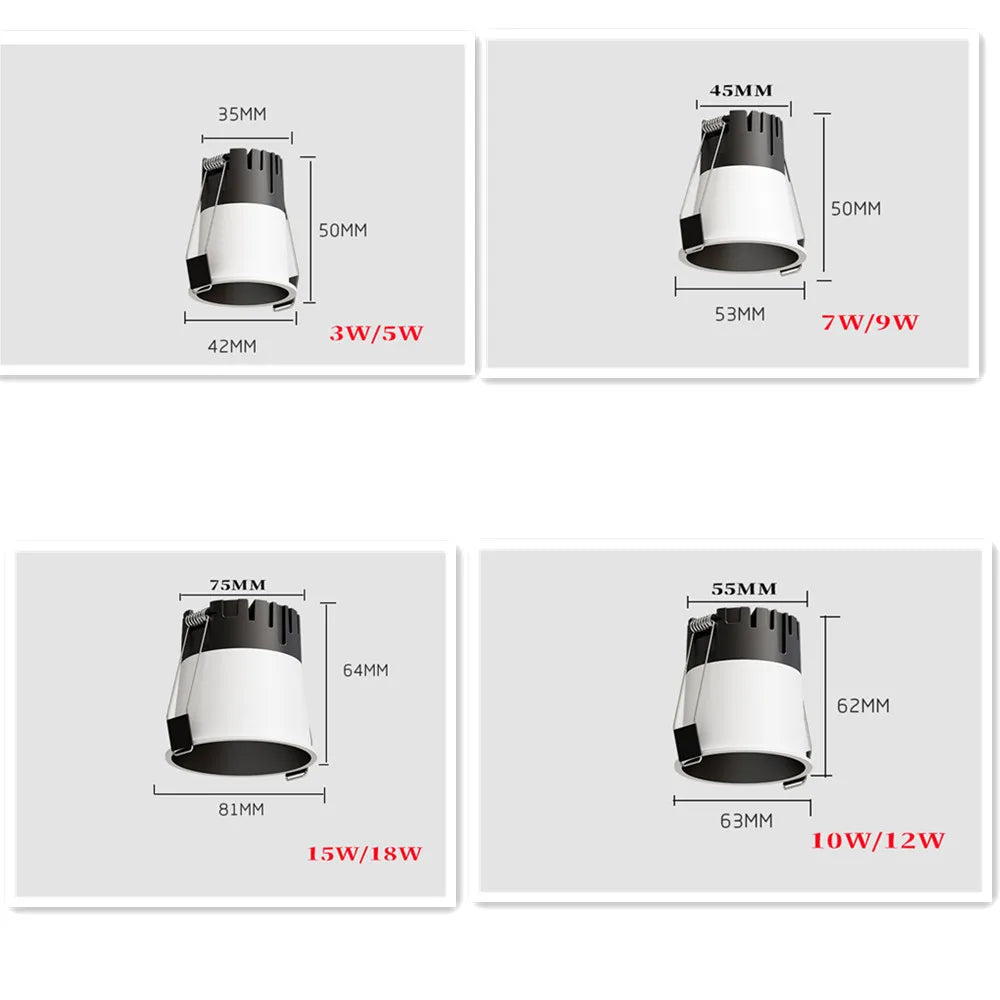 Mini Anti-Glare COB LED Downlight 3W-18W CRI 90+ 95-110lm/W 24° 38° Dimmable AC 85-265V