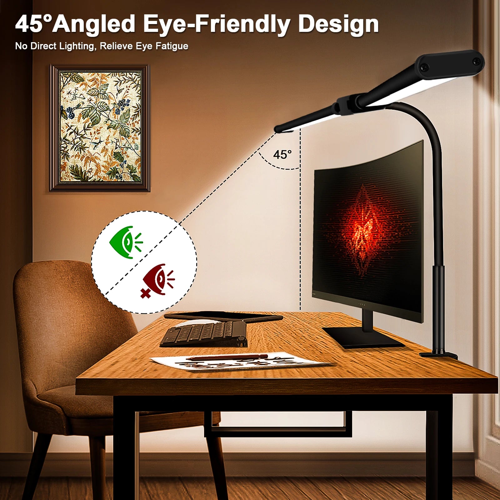 Double-Head Clip LED Desk Lamp 3-Color Mode 10 Dimming Levels Touch Switch AC 90-260V