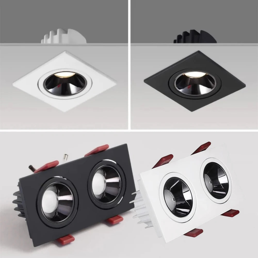 Dimmable Anti-Glare Square COB LED Recessed Downlight 9W 12W 15W Dual Head Option 85-265V