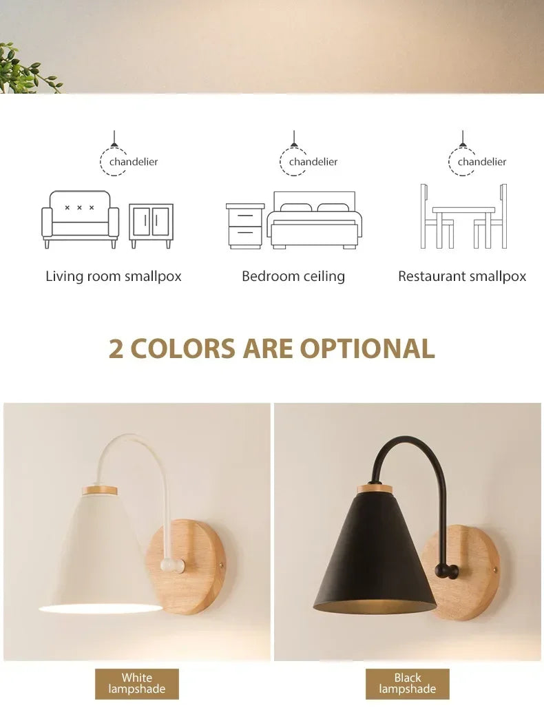 Nordic Wooden LED Wall Sconce E26 Single Head Downlight Plated Iron Shade AC 90-260V Bedroom Living Room Kitchen Black White Gray