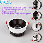 Ultra-Thin Anti-Glare COB LED Spotlight 5W-30W CRI 95+ 100-120lm/W 24° 38° Dimmable AC 85-265V
