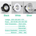 Dimmable COB LED Recessed Downlight 5W 7W 9W 12W 15W 18W Adjustable Angle Aluminum AC 85-265V Warm White Natural White Cool White Black White Silver