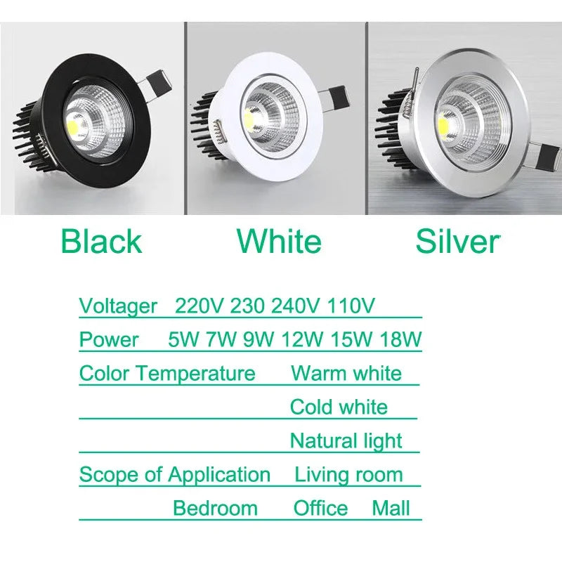 Dimmable COB LED Recessed Downlight 5W 7W 9W 12W 15W 18W Adjustable Angle Aluminum AC 85-265V Warm White Natural White Cool White Black White Silver
