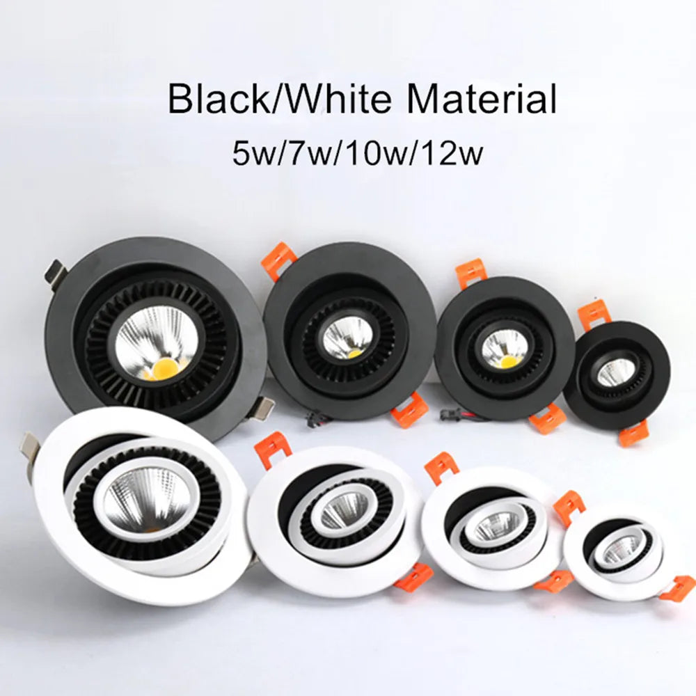 Dimmable COB LED Recessed Downlight 360 Degree Rotating 5W 7W 9W 12W Aluminum Knob Switch AC 85-265V Indoor Ceiling Spot