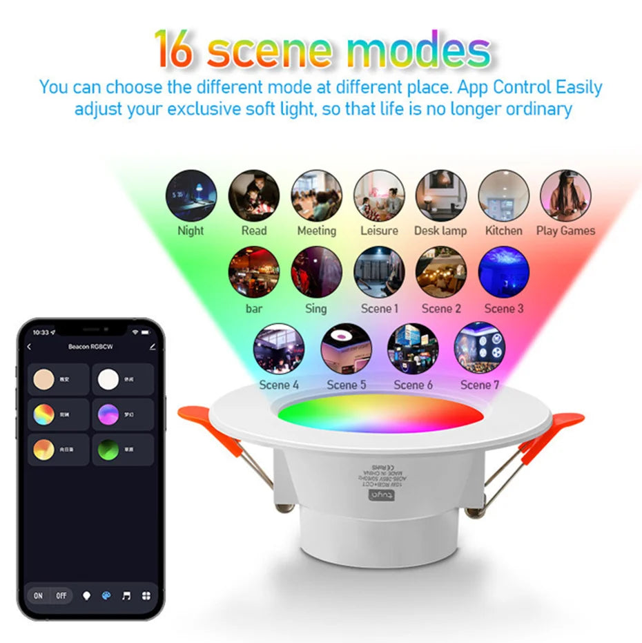 Tuya Bluetooth Smart LED Downlight 10W RGB CCT 2700K-6500K Dimmable App Control 75mm