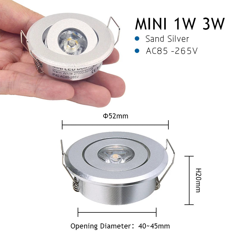 10-Pack 1W 3W Mini LED Recessed Spotlight 45° CRI 80+ IP52 D52mm AC 85-265V White Black Silver