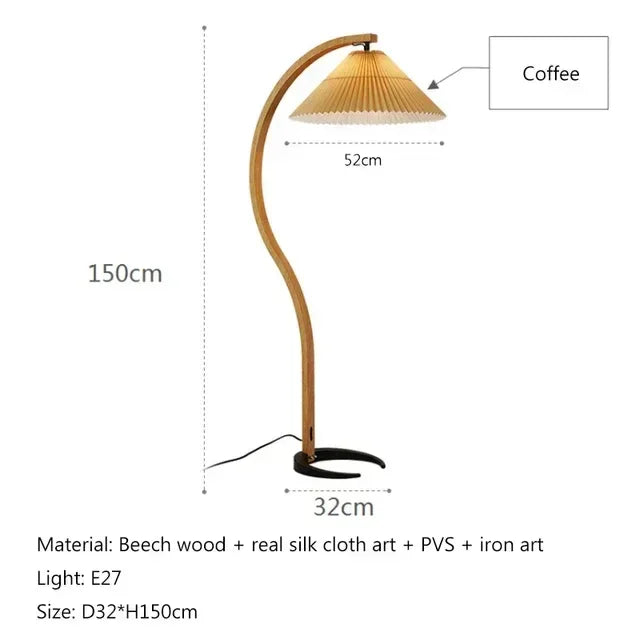 Nordic Solid Wood Pleated Fabric LED Floor Lamp E26 Dimmable Remote Control AC 90-260V D32 x H150cm Living Room Bedroom Study