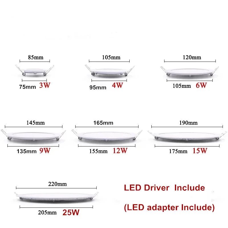 Dimmable Ultra-Thin LED Panel Downlight 3W 4W 6W 9W 12W 15W 25W 120° PF97% AC 85-265V