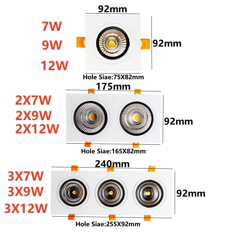 Dimmable COB LED Downlight Single Double Triple Head 7W 9W 12W 36-Degree CRI 92+ 85-265V