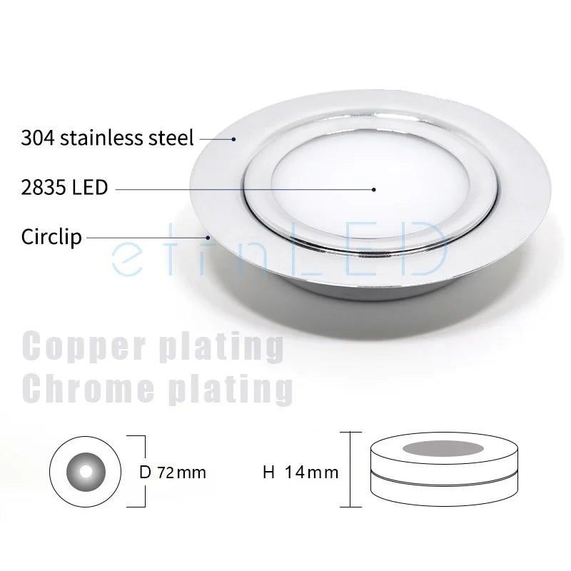 IP65 RGBW LED Mini Recessed Spotlight 3W DC 12V 24V PWM Dimmable 120 Degree CRI 80 D72 x H14mm 55mm Cutout 304 Stainless Steel Cabinet Bathroom