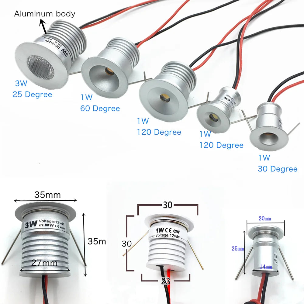 IP65 Mini LED Recessed Downlight 1W 3W DC 12V 90 lm/W 25 30 60 or 120 Degree Aluminum Silver Warm White Natural White Cool White Red Green Blue RGB Cabinet Stair