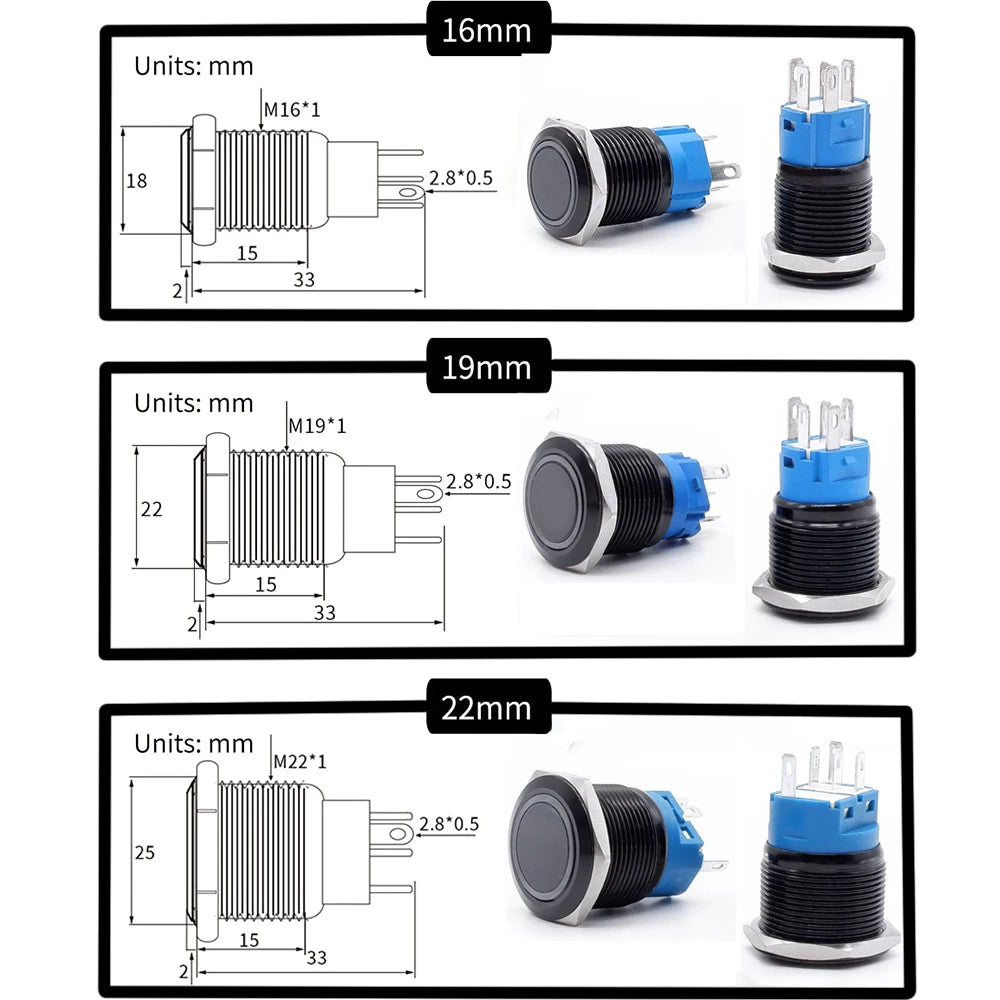 IP65 Waterproof Illuminated Metal Push Button Switch 16mm 19mm 22mm 3A Momentary or Latching LED 3-220V Black Aluminum Alloy 1NO1NC