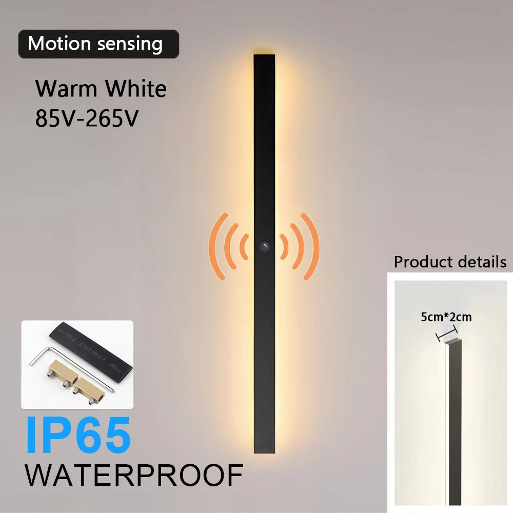 IP65 Motion Sensor LED Outdoor Linear Wall Lamp 20W to 62W Black Iron Baked Aluminum AC 85-265V Garden Villa Porch 21.7in to 78.7in