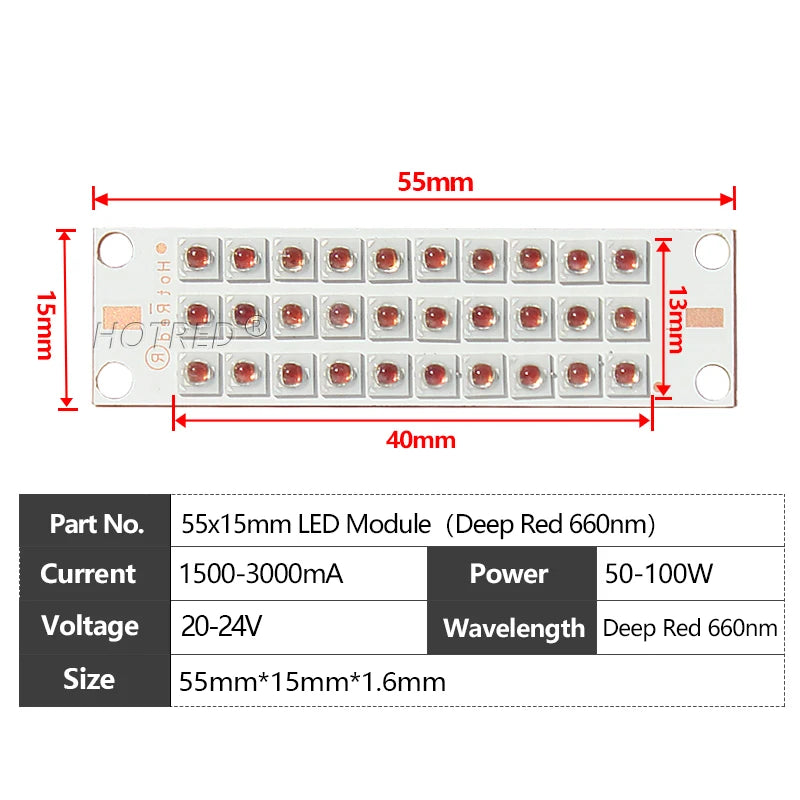 High-Power IR Deep Red LED Chip Module 50W 100W 660nm 730nm 850nm 940nm 55x15mm Grow Light