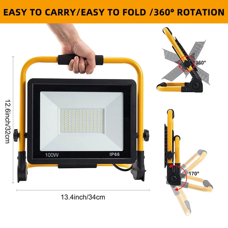 LED Portable Work Light 50W 100W IP66 10ft Cord Brushed Aluminum AC 85-265V Outdoor Floodlight