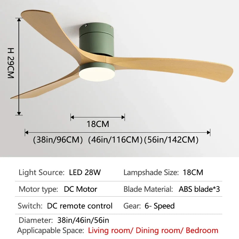 DC Motor Ceiling Fan with Light 38 46 56 Inch 3 Blade Remote Control AC 110-220V