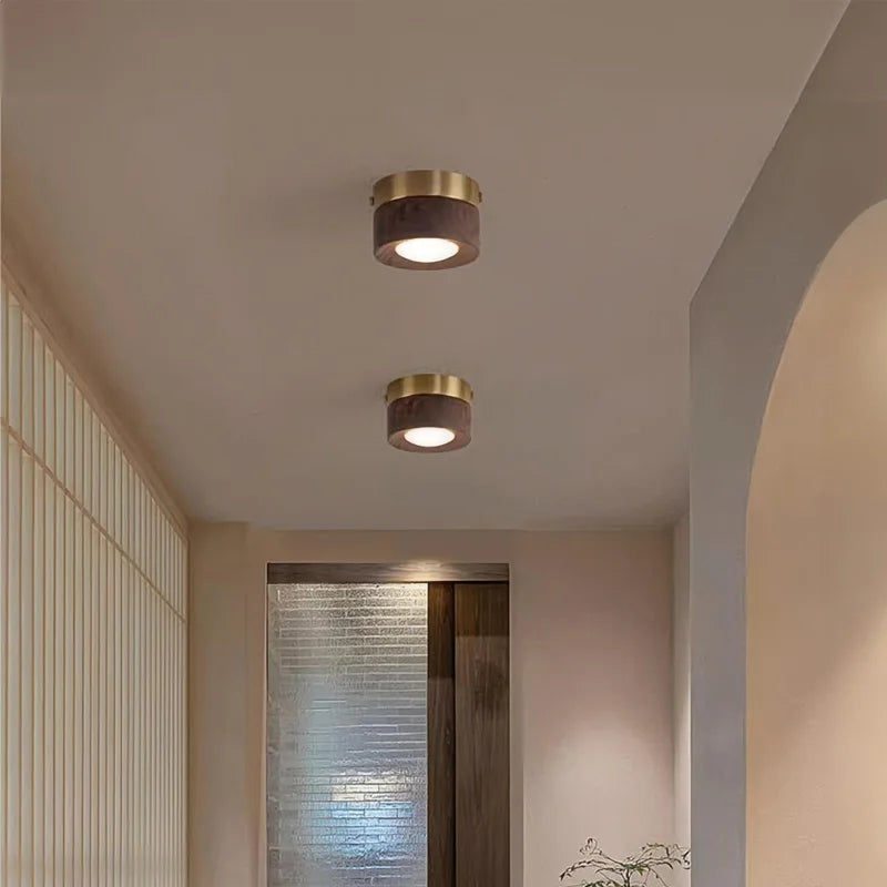 Walnut Wood Copper LED Ceiling Spotlight Acrylic Shade Knob Switch AC 90-260V Concealed or Surface Mount Warm White Changeable Living Room