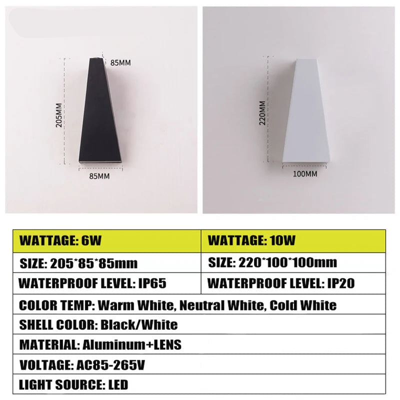 IP65 LED Outdoor Wall Lamp 6W 10W Aluminum Borosilicate Glass Baked Finish CRI 80 90 lm/W AC 85-265V Porch Garden Nordic Black White