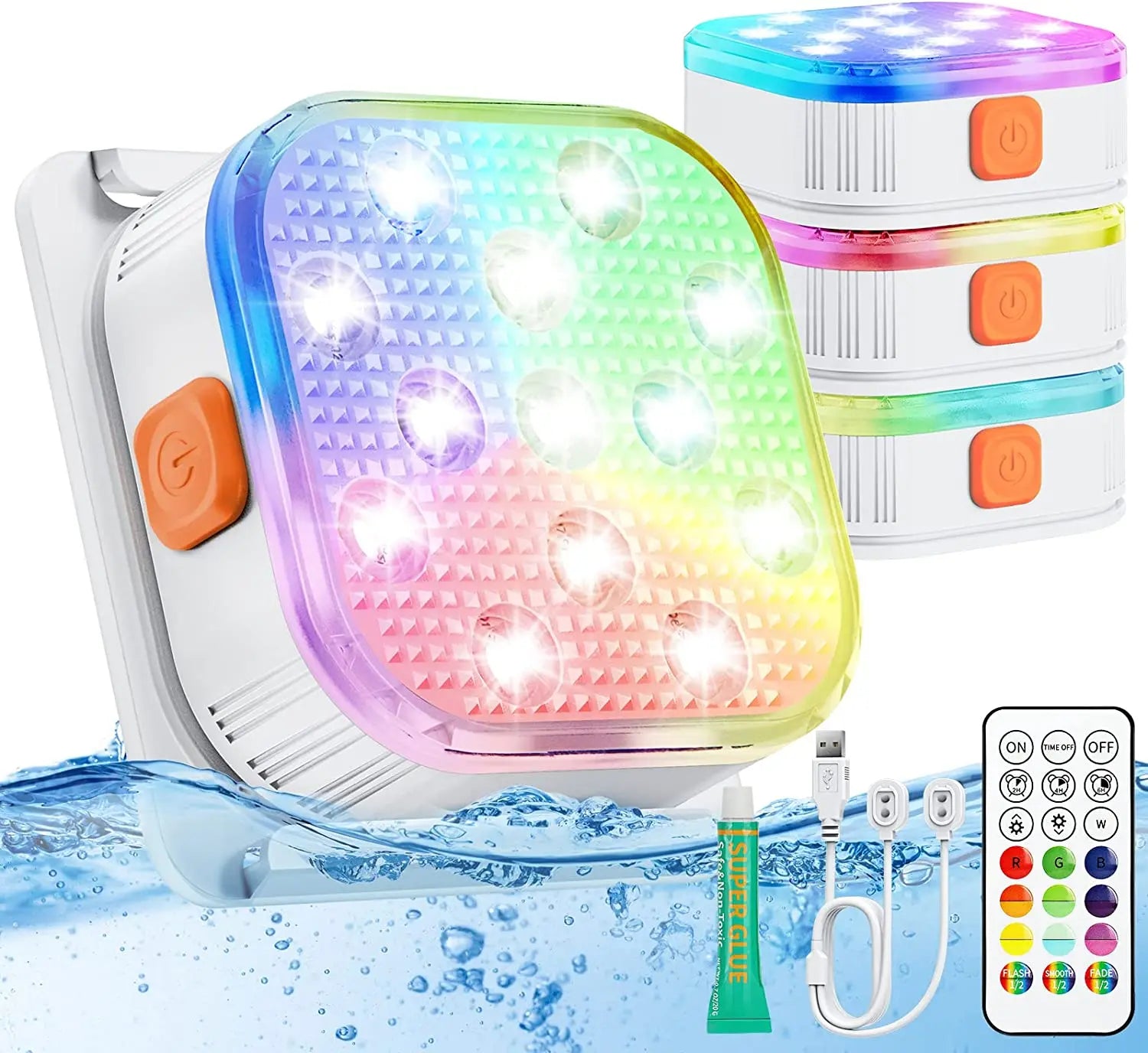 IP68 Rechargeable LED Submersible Pool Light 13 RGBW LEDs 16 Colors RF Remote 200FT Range Timer 2000mAh USB Magnetic Charging 2 Pack