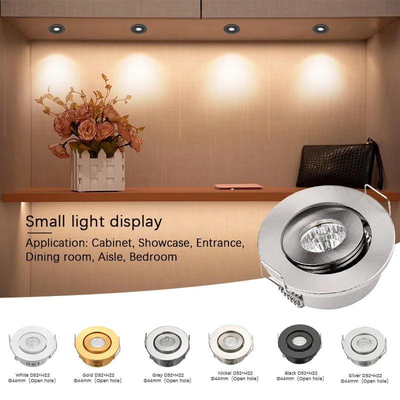 Mini 3W COB LED Recessed Spotlight DC12V 24V 52mm 270-300lm Satin Nickel 42mm Cutout 10 Pack