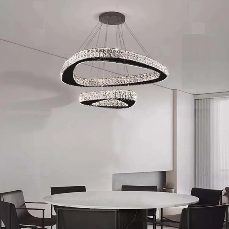 Modern Crystal LED Chandelier Stainless Steel Polished Cord Pendant Remote Control Dimmable AC 90-265V Villa Living Room Staircase