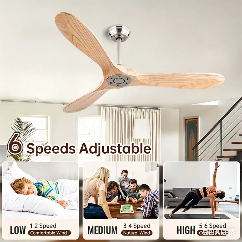 42 52 60 Inch Solid Wood Ceiling Fan No Light Remote Control 6-Speed DC Motor 85-265V