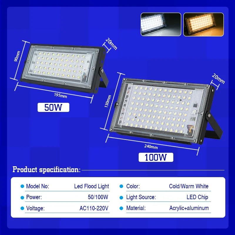 50W 100W IP65 LED Flood Light SMD2835 CRI 85+ 180° AC 110-220V Warm Cool White Aluminum
