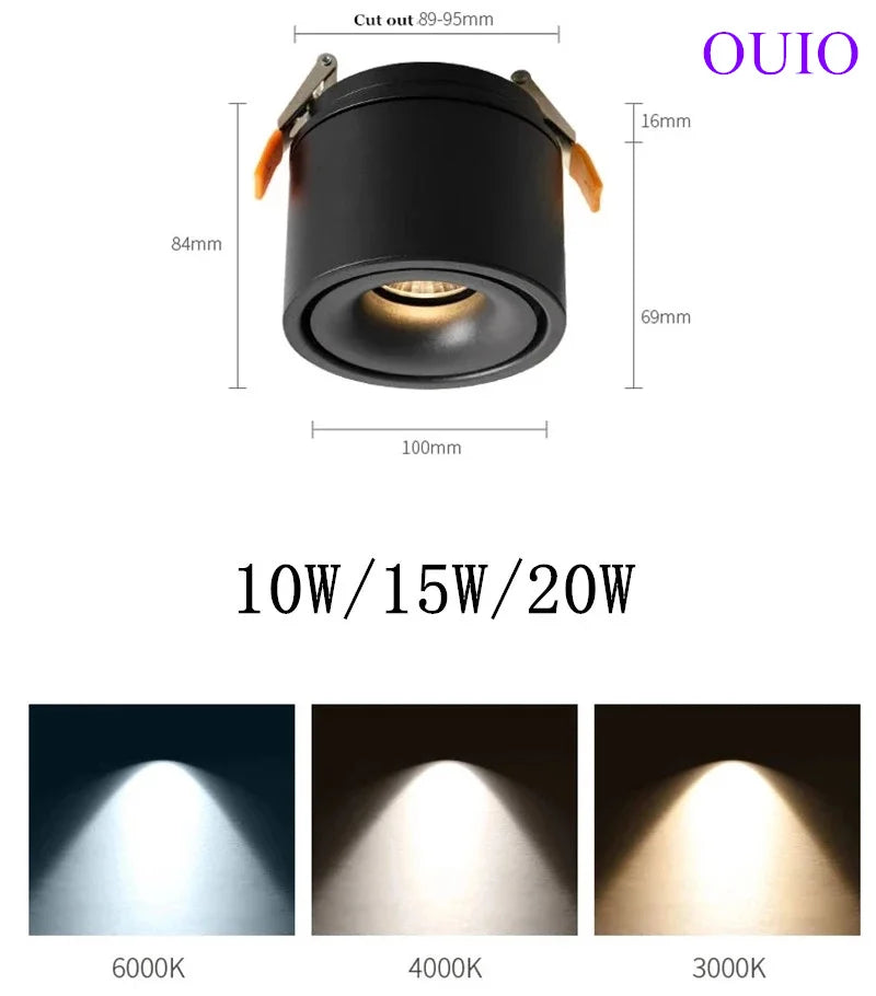 Dimmable COB LED Recessed Downlight 10W 15W 20W Epistar 24-Degree CRI 85+ 85-265V