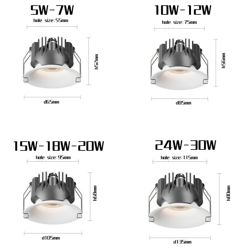 LED Recessed Downlight Epistar CRI 98+ 110lm/W 3-Beam 24-36-55° Dimmable AC 90-260V 5-Year