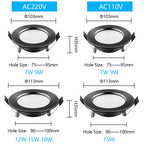 IP65 Waterproof LED Recessed Downlight 5W 9W 12W 15W 18W Black Dimmable 110-230V