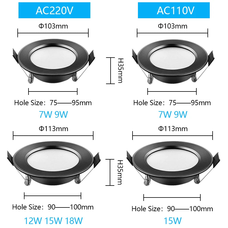 IP65 Waterproof LED Recessed Downlight 5W 9W 12W 15W 18W Black Dimmable 110-230V
