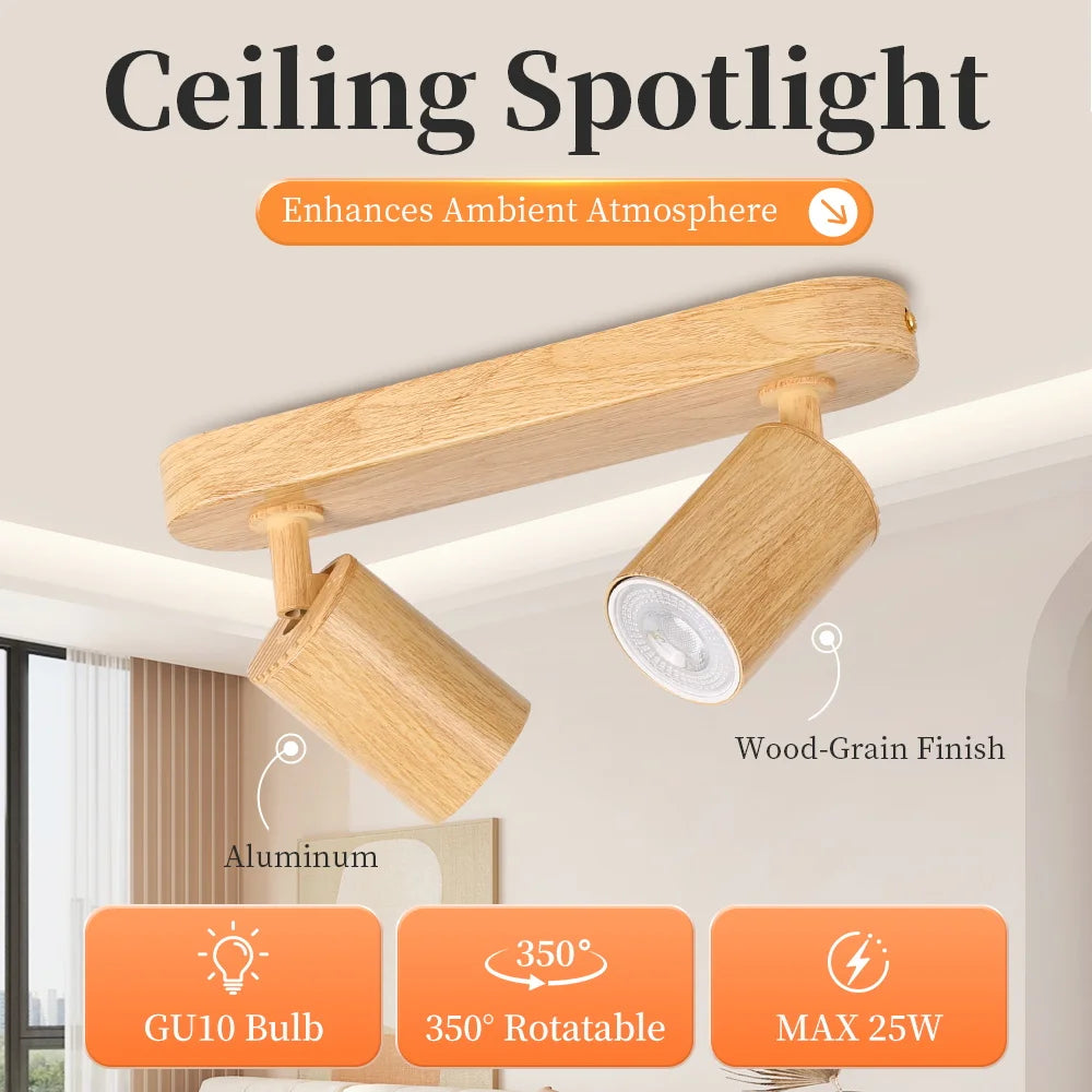 Wood Grain GU10 LED Ceiling Spotlight 25W Max 350 Degree Horizontal 90 Degree Vertical Adjustable AC 85-265V Single or Double Head Foyer Bedroom Kitchen
