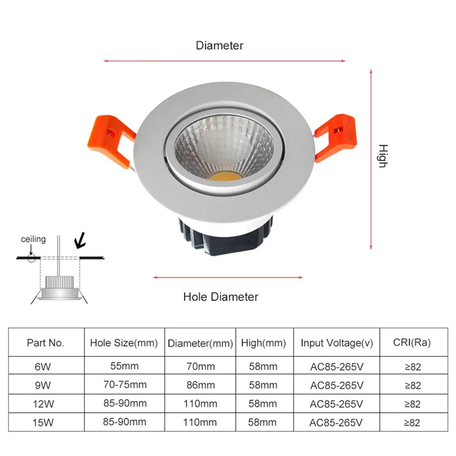 Dimmable COB LED Recessed Downlight 6W 9W 12W 15W Aluminum Knob Switch CRI 82 AC 110-230V Ceiling Spot Driver Included