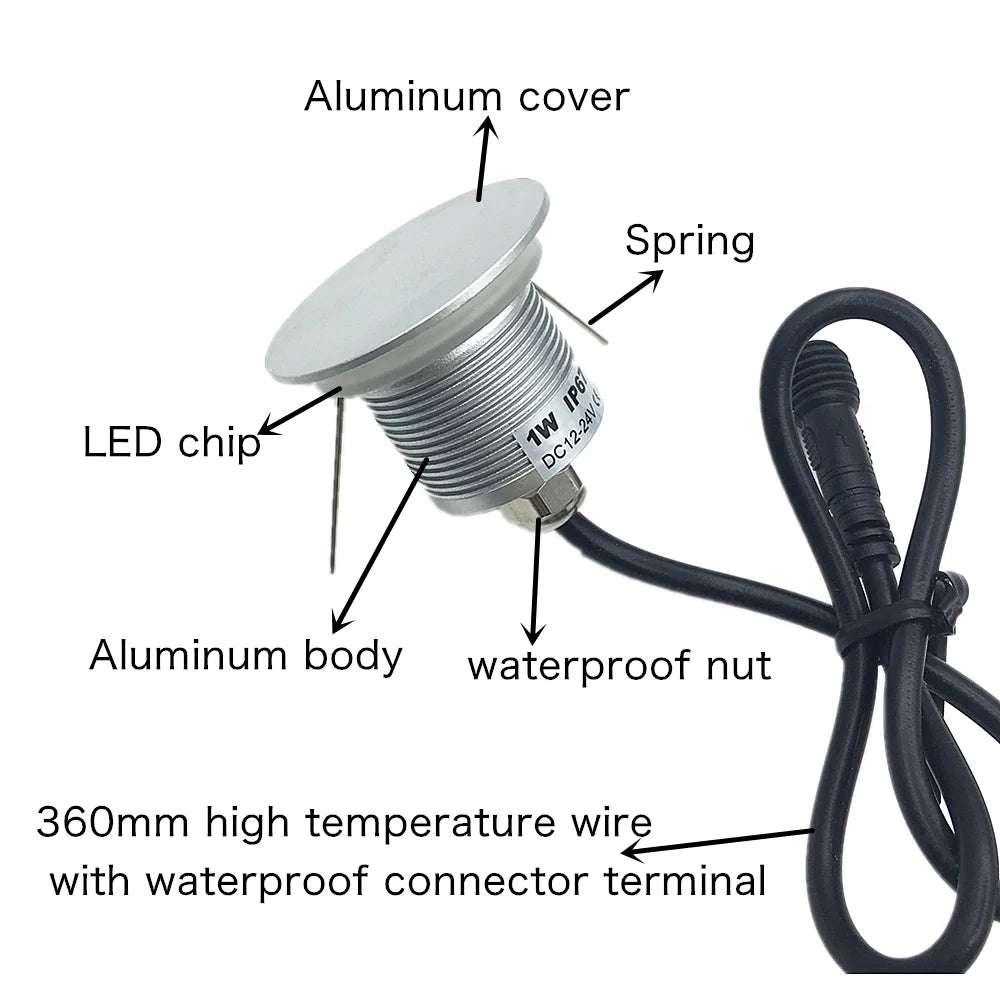 IP67 LED Recessed Stair Wall Light 1W 90lm DC 12-24V 30mm Cutout Touch Dimmable 3-Color